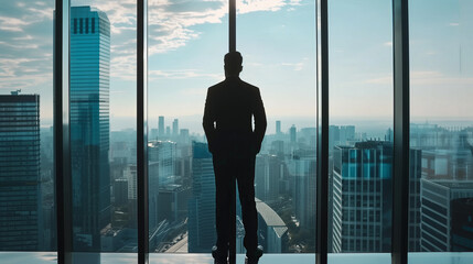 Fototapeta premium Businessman Looking at City Skyline from High Window, Urban Horizon, Executive