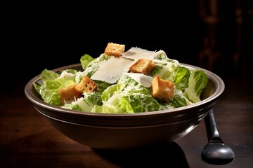 Traditional caesar salad consisting of parmesan cheese, croutons, and lettuce. salad with Caesar dressing. Delicious vegetarian recipe for a cookbook. menu for diet and fitness. top view.
