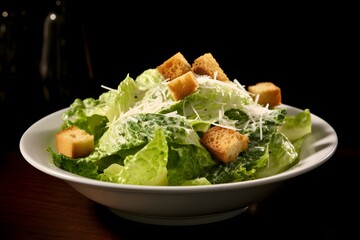 Traditional caesar salad consisting of parmesan cheese, croutons, and lettuce. salad with Caesar dressing. Delicious vegetarian recipe for a cookbook. menu for diet and fitness. top view.