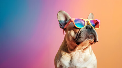 Portrait of a beige French Bulldog wearing gradient frame colorful summer sunglasses and looking up isolated on an Ombre background. Cute and happy pet dog concept. Vacation or travel with animal.