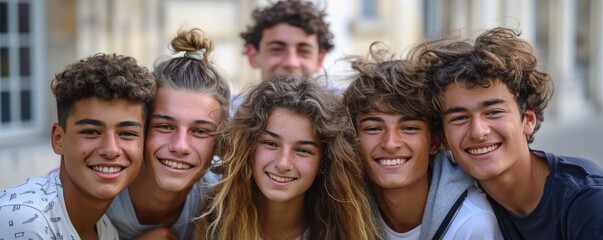 Happy Group of Friends Posing in Front of Town Hall