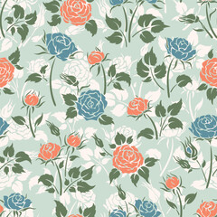 Rose Flowers with leaves and buds. Floral Seamless Pattern. Green Blue Pink Color. Vector illustration.