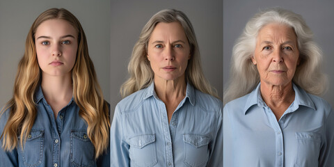 3 panel photography of the same woman in different age, the ages between girl, middle age and old woman, a pleasant old age