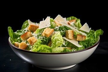 Traditional caesar salad consisting of parmesan cheese, croutons, and lettuce. salad with Caesar dressing. Delicious vegetarian recipe for a cookbook. menu for diet and fitness. top view. superior qua
