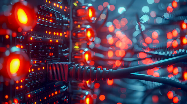 Tangled Web of Glowing Cables and Blinking Lights on a Network Router