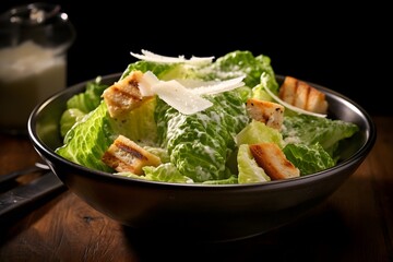 Traditional caesar salad consisting of parmesan cheese, croutons, and lettuce. salad with Caesar dressing. Delicious vegetarian recipe for a cookbook. menu for diet and fitness. top view. superior qua