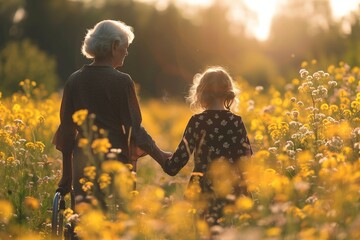 Inter generational companionship: Granddaughter and elderly grandma walking together.