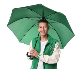 Young man with green umbrella on white background