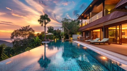 Fototapeta premium beautiful mansion with a large pool and palm trees on a sunset