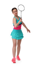 Young woman playing badminton with racket on white background