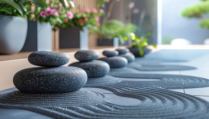 Zen rock garden with smooth stones, minimalistic, serene atmosphere, Japanese ink painting