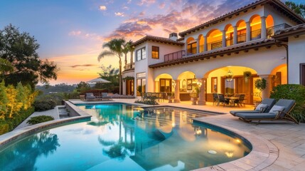 Obraz premium beautiful mansion with a large pool and palm trees on a sunset