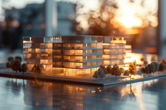 Detailed miniature office building model on plain surface with architectual office in the background