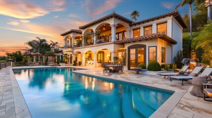 Obraz premium beautiful mansion with a large pool and palm trees on a sunset
