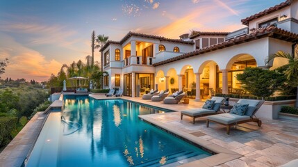 Obraz premium beautiful mansion with a large pool and palm trees on a sunset