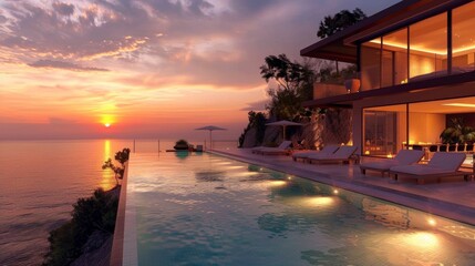 beautiful mansion with a large pool and palm trees on a sunset