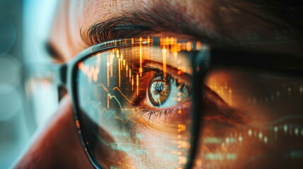 Close up of businesswoman eye with financial graph reflecting in eye. Attractive woman looking financial and marketing data with stock market chart or increasing sales graph reflect in the eye. AIG42.