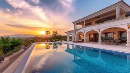 Fototapeta premium beautiful mansion with a large pool and palm trees on a sunset