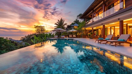 Obraz premium beautiful mansion with a large pool and palm trees on a sunset