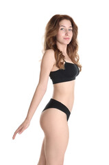 Fototapeta premium Woman with slim body posing on white background