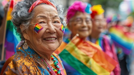 elder LGBTQ group participating in a colorful pride parade, proudly displaying rainbow flags and wearing vibrant clothing, celebrating diversity and inclusion, with ample copy space for text