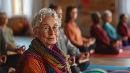 older LGBTQ group participating in a yoga or meditation class, promoting wellness and inner peace, with ample copy space for text