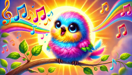 Naklejka premium Fluffy, colorful bird sits on a branch and sings a little song at sunrise