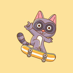 Cute raccoon Playing Skateboard trick animal kawaii chibi character mascot illustration