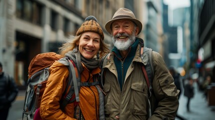 Fototapeta premium older couple exploring a new city on foot, taking in the sights and sounds with excitement and joy, embodying an adventurous and active lifestyle, with clear copy space for text