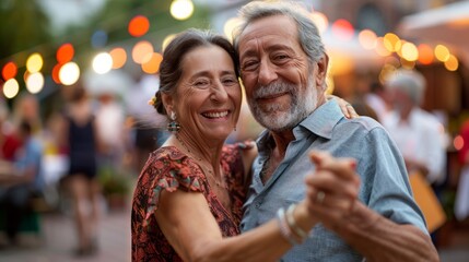older couple dancing together at a lively outdoor event, smiling and moving to the rhythm, embodying joy and active living, with ample copy space for text