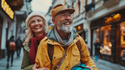 Fototapeta premium older couple exploring a new city on foot, taking in the sights and sounds with excitement and joy, embodying an adventurous and active lifestyle, with clear copy space for text