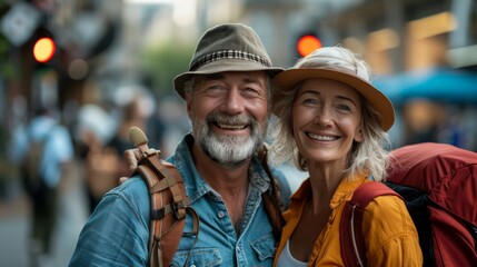 older couple exploring a new city on foot, taking in the sights and sounds with excitement and joy, embodying an adventurous and active lifestyle, with clear copy space for text