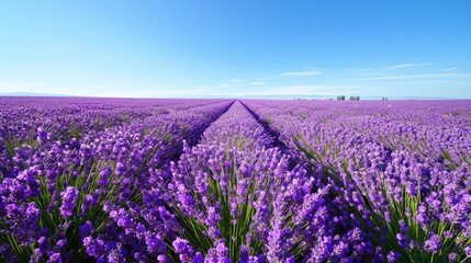 a field of blooming lavender under a clear blue sky, the purple flowers stretching as far as the eye can see, creating a stunning and fragrant background, with plenty of copy space for text