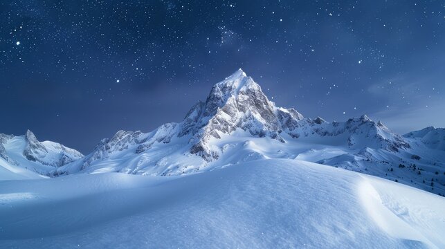 a snowy mountain peak under a starry night sky, the pristine snow glistening under the moonlight, creating a breathtaking and serene wallpaper, with ample copy space for text