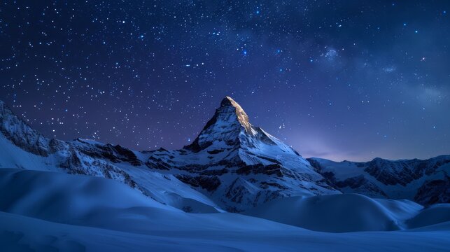 a snowy mountain peak under a starry night sky, the pristine snow glistening under the moonlight, creating a breathtaking and serene wallpaper, with ample copy space for text