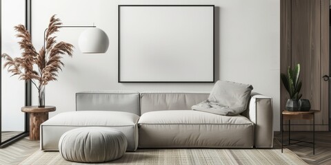 The minimal interior design of the living room features a large white sofa, plants, and a stylish coffee table. There is a blank frame on the wall.
