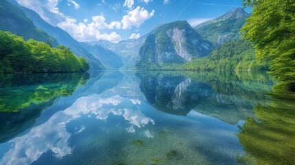 a crystal clear lake surrounded by lush greenery and towering mountains, reflecting the sky and landscape perfectly, creating a stunning and peaceful wallpaper, with plenty of copy space for text