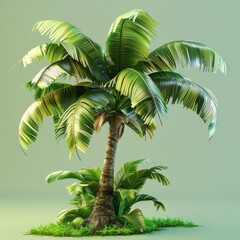 The photo of green coconut palm tree with long leaves on green grass isolated on transparent background.
