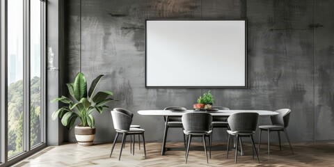 The photo shows a conference room with a blank frame on the concrete wall, a wooden table and chairs.