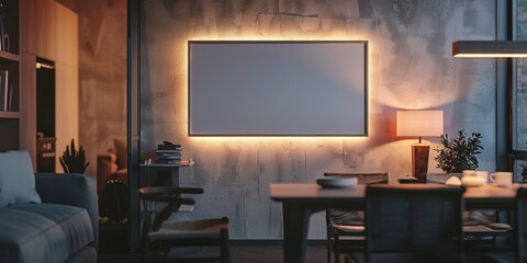 The photo shows a cozy living room with a large blank frame on the wall, a sofa, a table with chairs, and a lamp on it.