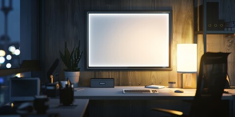 The photo shows a desk with a blank white screen computer monitor, a desk lamp, books, and a plant