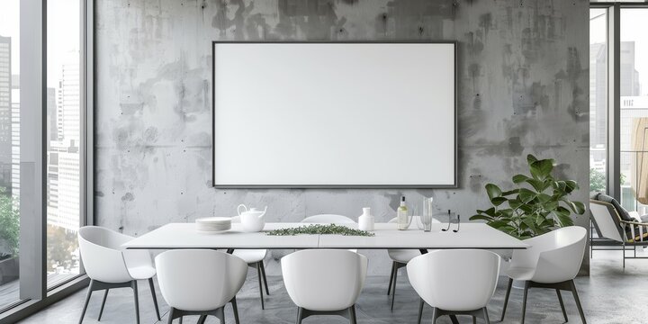 The photo shows a conference room with a blank whiteboard on the wall - Powered by Adobe