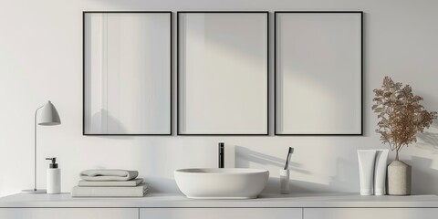 Three empty frames, mockup, in white bathroom interior with double sink and toiletries on countertop. 3d rendering