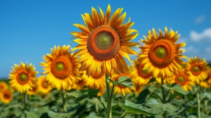 Obraz premium a vibrant field of sunflowers under a bright blue sky, the tall flowers creating a cheerful and lively background, with ample copy space for text