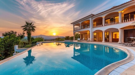 Fototapeta premium beautiful mansion with a large pool and palm trees on a sunset