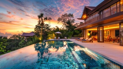 beautiful mansion with a large pool and palm trees on a sunset