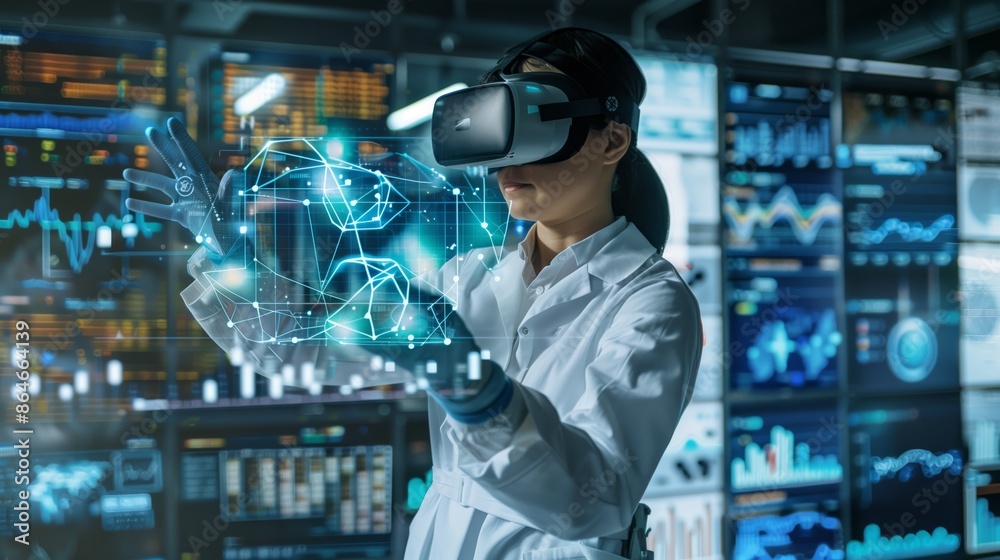 Poster a scientist uses advanced vr to analyze complex data in immersive virtual environments for groundbre