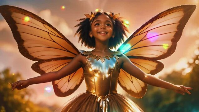 African-American Girl in Fairy Costume Playing