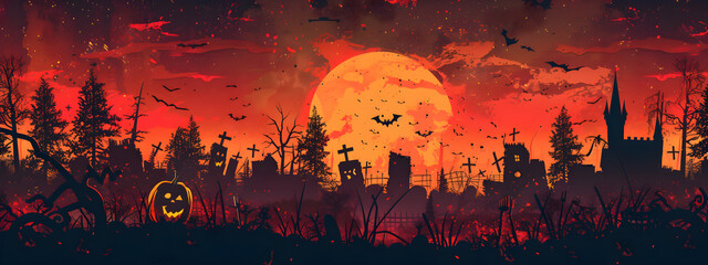 A Halloween themed poster with a large orange moon and a pumpkin