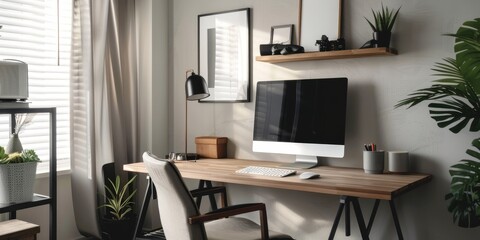 Fototapeta premium A desk with a computer on it. There is a chair behind the desk and a shelf on the wall above the desk. There are plants on the shelf and on the floor.